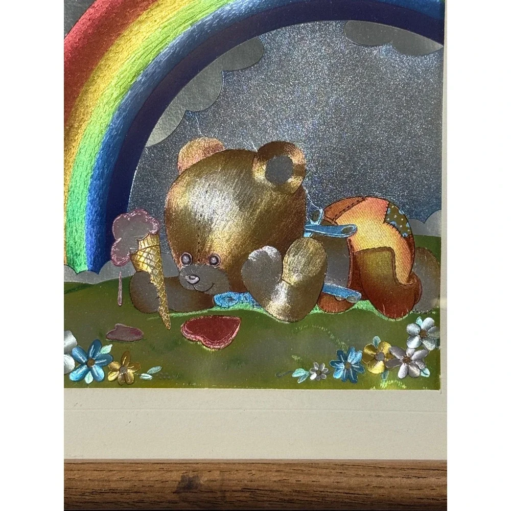 VTG DUFEX FOIL Art Framed Picture Teddy Bear Rainbow Sun Nursery Kid Decor 8x10